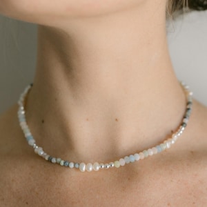 Dainty beaded choker necklace with natural gemstones, silver and pearls