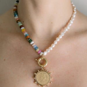 Real pearl and natural gemstone gold coin pendant necklace