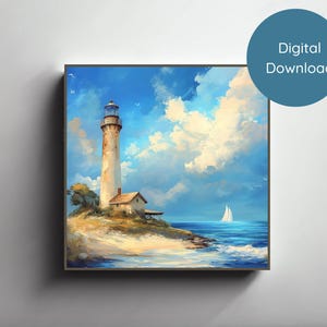 Coastal Lighthouse Wall Art Digital Download Nautical Beach Decor Ocean Painting Printable Seaside Print for Home or Office Square Print
