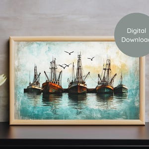 Coastal Fishing Boats Watercolor Print Nautical Wall Art Vintage Harbor Digital Download Rustic Ocean Decor Instant Printable Beach House