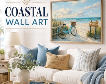Printbare muurdecoratie met strandfiets, digitale download van kustdecoratie, oceaanlandschapprint, printbare kustdecoratie voor de woonkamer in een strandhuis