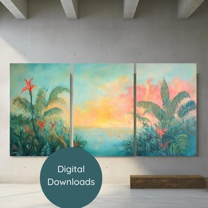 Tropical Sunset Wall Art Jungle Triptych Digital Print Coastal Boho ...
