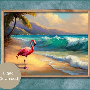 Pink Flamingo Beach Art Print Tropical Ocean Wall Decor Coastal Digital Download Summer Shoreline Printable JPG & PDF Files Beach Decor