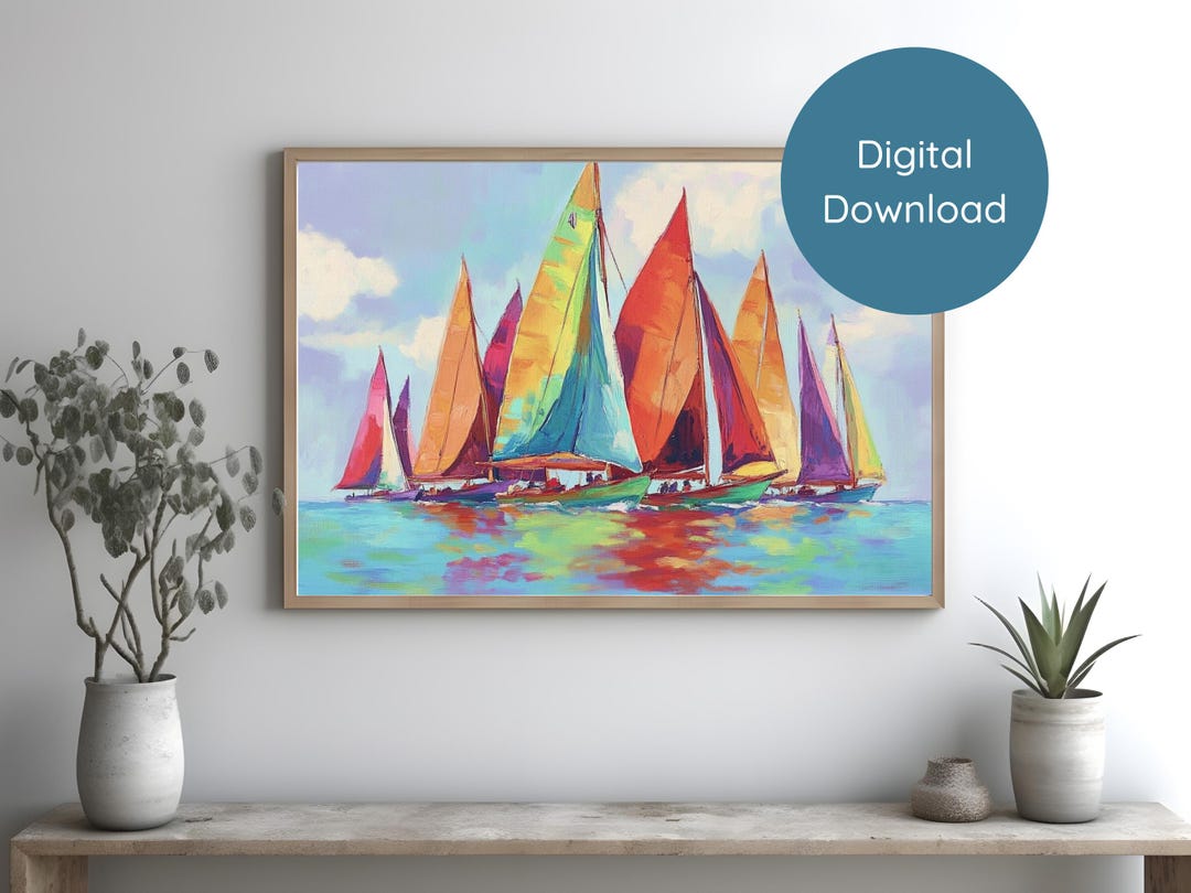 Colorful Sailboat Wall Art Digital Download Nautical Painting Printable ...