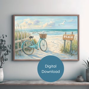 Beach Bicycle Wall Art Coastal Digital Print Vintage Bike Decor Ocean Painting Download Beach House Art Seaside Printable Poster