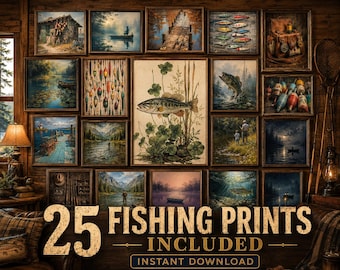 25 Fishing Wall Art Prints Bundle | Lake House Decor | Cabin Decor | Fisherman Gift | Man Cave Decor | Fishing Gallery Wall