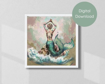 Dreamy Vintage Mermaid Art Digital Download for Coastal Decor Coastal Printable Wall Art Digital Beach Art Boho Abstract Square Print