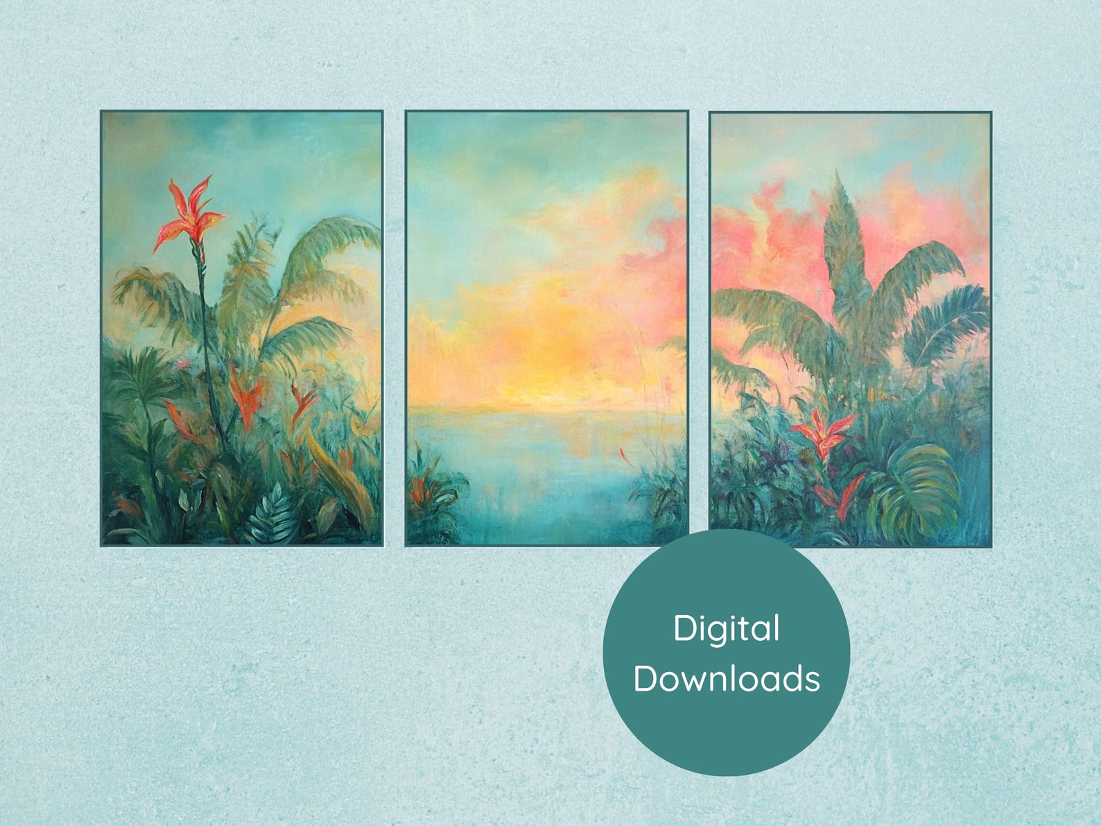 Tropical Sunset Wall Art Jungle Triptych Digital Print Coastal Boho ...
