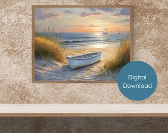 ビーチの夕日デジタル水彩画アートプリント、即時ダウンロード、海岸沿いの壁飾り、穏やかな手漕ぎボートの風景、高解像度JPGとPDFで印刷可能