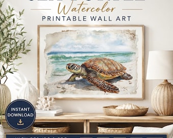 Sea Turtle Watercolor Printable Wall Art, Coastal Beach Decor, Ocean Animal Print, Nautical Digital Download, Turtle Wall Art