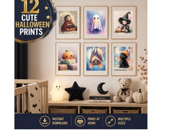 Cute Halloween Nursery Wall Art, 12 Baby Monster Printable Bundle, Not Scary Kids Room Decor, Watercolor Digital Download