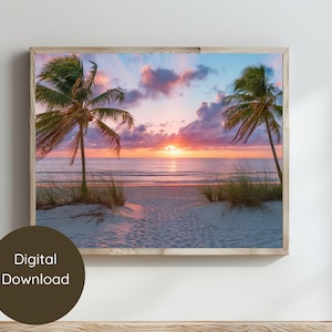 Peaceful Sunset Beach Printable Digital Download Printable Wall Art Coastal Decor Ocean Sunse JPG & PDF, Beach Photography Tropical Print