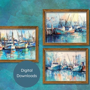 Coastal Fishing Boat Watercolor Prints Nautical Wall Art Digital Download Beach House Decor Ocean Art Boat Painting Set Print Multi-Sizes