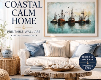 Lámina decorativa para pared con diseño de barco pesquero costero, lámina de acuarela de puerto náutico, decoración para casa de playa, descarga de estilo marítimo vintage.