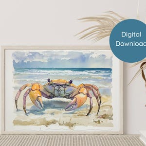 Decorazione murale con granchio ad acquerello, decorazione per bagno di casa sulla spiaggia, tema oceano, stile costiero, stampa nautica, arte sulla sabbia per casa sulla spiaggia, download digitale