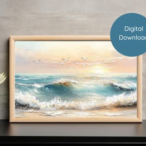 Ocean Sunrise Digital Print Coastal Wall Art Beach Painting Seascape Download Nautical Decor Waves & Seagulls Print Printable JPG and PDF