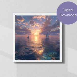 Golden Sunset Sailboats Digital Ocean Art for Instant Download Ocean Sailboats at Sunset Coastal Printable Wall Art Beach House Decor