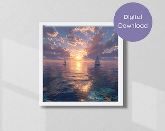 Golden Sunset Sailboats Digital Ocean Art for Instant Download Ocean Sailboats at Sunset Coastal Printable Wall Art Beach House Decor