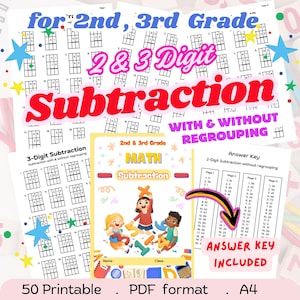 May include: A collection of printable math worksheets for 2nd and 3rd grade students. The worksheets focus on 2 and 3 digit subtraction, with and without regrouping. Includes an answer key. The cover features illustrations of children and the text "MATH Subtraction".