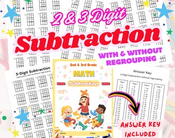 2-Digit & 3-Digit Subtraction with and without regrouping worksheets, Math for 2nd-3rd Grade