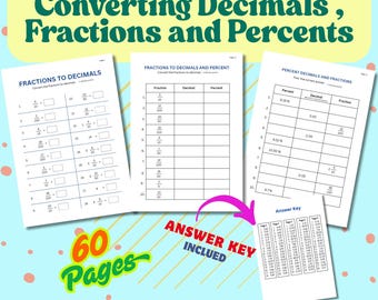 Convert Decimals , Fractions and Percentages 60 Printable. Math Worksheets for 4th and 5th Grade.