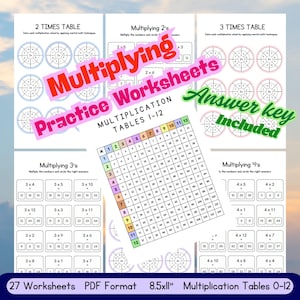 May include: A set of 27 printable multiplication worksheets for kids. The worksheets feature colorful multiplication tables from 1 to 12, with a grid layout and circle diagrams. The text "Answer key included" is visible in the image.