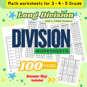 Divisionsblad för årskurs 3, 4 och 5, lång division med 3- och 4-siffriga tal, utskrivbar matematik för hemundervisning