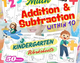 May include: A set of 50 printable kindergarten worksheets for kids ages 4-6. The worksheets feature math problems involving addition and subtraction within 10. The worksheets are designed to help children learn basic math skills. The worksheets are in PDF format and are ready to print.