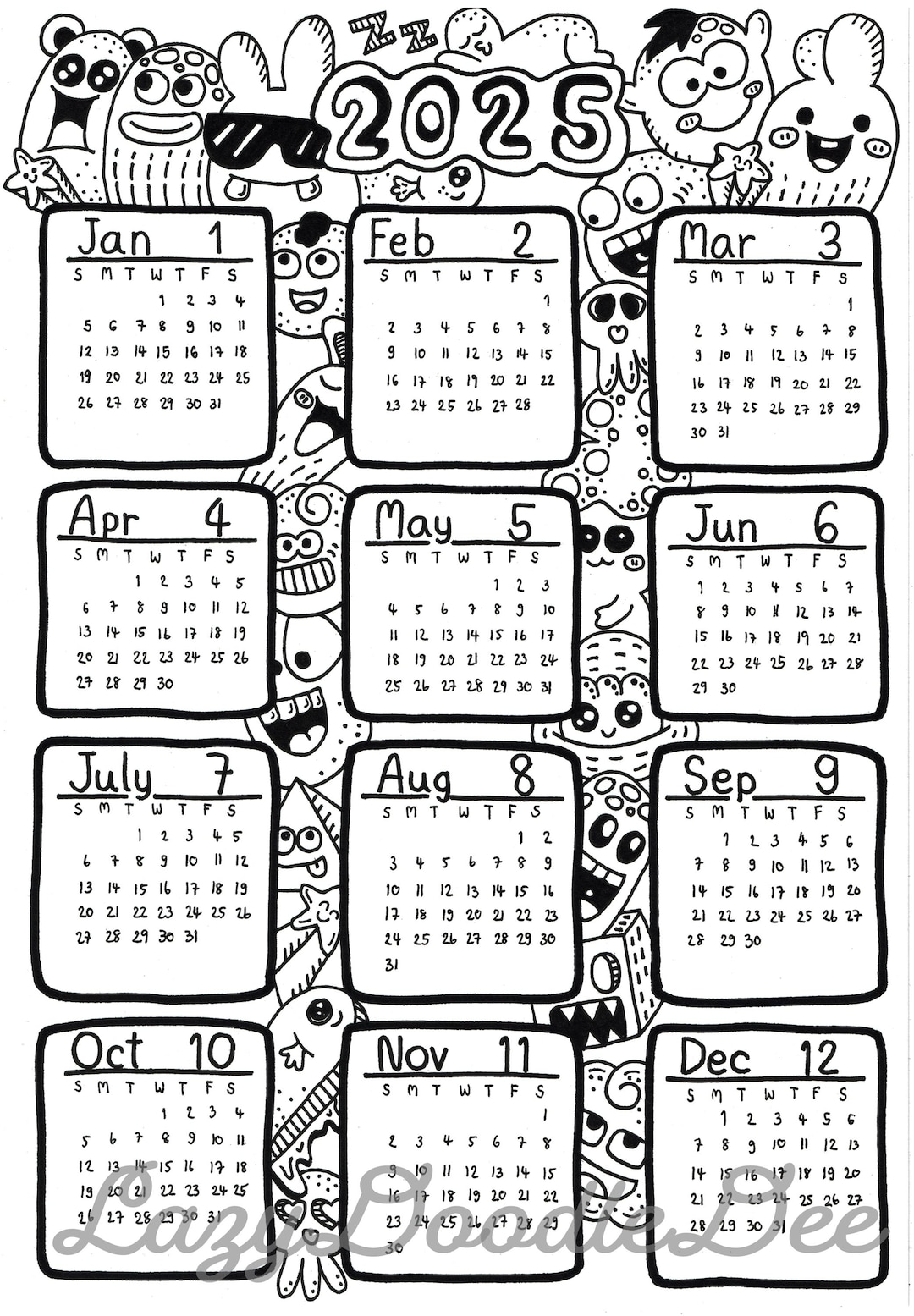 2025 One Page Calendar Printable, Hand Drawn Calendar Doodle, Cute Calendar Etsy