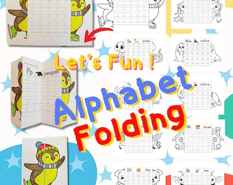 May include: A printable alphabet folding activity for kids. Each page features a letter of the alphabet, a corresponding animal, and lines for tracing the letter. The pages are designed to be folded into a booklet. The title of the activity is "Let's Fun! Alphabet Folding".