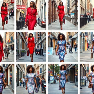 Immagini di donna afroamericana sicura di sé, vestito rosso e fiori blu. Camminando per la strada della città. Clipart come download immediato e design a sublimazione