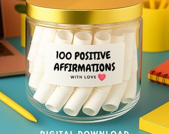 100の肯定的な言葉（PDF、英語）DIY用印刷物、直前のギフト、ポジティブな名言集、毎日のセルフケア、モチベーション、励まし