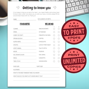 DIGITAL DOWNLOAD Getting To Know You Coworker Questions Printable, Team Building All About Me Survey Employee Favorite Things Questionnaire