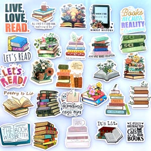 Könnte beinhalten: Eine bunte Sammlung von Aufklebern mit Büchern, Kaffeetassen und floralen Arrangements. Texte beinhalten "Live, Love, Read" und "Let's Read". Weitere Aufkleber sagen "Bücher, weil die Realität überbewertet ist" und "Leicht abgelenkt von Katzen & Büchern."