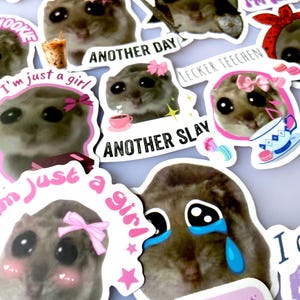 Könnte beinhalten: Eine Sammlung von Aufklebern mit einem cartoonartigen, traurig aussehenden Tier mit großen Augen. Die Aufkleber tragen verschiedene Aufschriften, darunter "Another Day" und "I'm just a girl". Die Aufkleber sind in Grau-, Rosa- und Weißtönen gehalten.