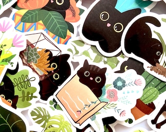 Black Cat Plant Sticker Bundle Kawaii Cat Stickers Cute Animal Stickers Journaling Scrapbooking Laptop Water Bottle Stickers Gift Cat Lovers