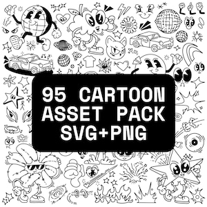 Digital Cartoon Assets Bundle, 95 PNG and SVG, Graphic Design Tools, DIY Crafts, Clip Art Kit, Digital Download