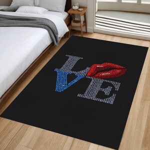 Love rug with colorful sequins on black, Kiss rug, Lip rug, Written rug, Easy to clean rug, Durable rug, Healthy rug, Soft rug, Bamboo rug