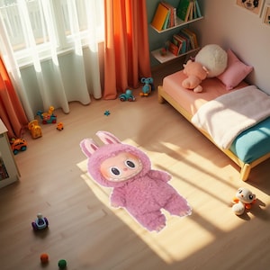 Tapis de jeu Labubu, Tapis Labubu, Tapis labubu rose, Facile à nettoyer, Lavable, Antidérapant, Doux, Durable, Bambou, Cadeau pour décoration intérieure, Carpette