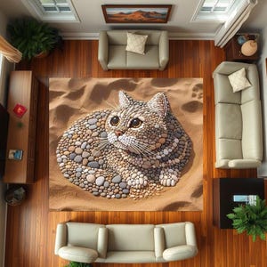 Stone Embroidered Cat Rug, Cat Lying in the Sand, Square Rug, Cute Cat Rug, Easy to Clean rug, Non-Slip Base, Machine Washable,Soft, Durable