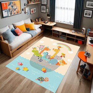 Noah's Ark, Madagascar rug, fun,colorful, easy-to-clean, washable, non-slip, hypoallergenic, soft, and durable bamboo decor rug for children