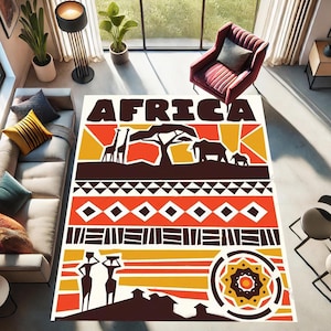 African Rug, Black Continent Rug, Virgin Lands, Elephant and Giraffe Rug, Easy to Clean, Washable, Non-Slip, Soft, Durable, Bamboo, Gift Rug