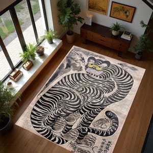 Japanese Tiger Painting,Korean Tiger, Asian Tiger, Talismanic Tiger,  Tiger Rug,  Soft, Healthy, Bamboo Rug, Non-slip rug, Washable rug