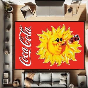 Manifesto pubblicitario della Coca Cola, tappeto della Coca Cola, tappeto Coca Cola Sun, Coca Cola Classic, prodotto fedelmente all'immagine originale. Vecchio manifesto della Coca Cola