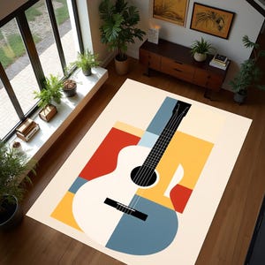 Guitar rug,Music rug,Colorful rug,Abstract picture rug, Music Room rug, Easy to Clean, Washable, Non-Slip,Durable,Bamboo,Gift Decoration Rug