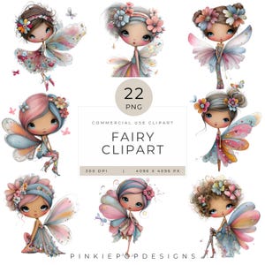 May include: A collection of nine watercolor fairy clip art images. Each fairy has large eyes, flower crowns, and colorful wings. The fairies are dressed in pastel-colored dresses. The text "FAIRY CLIPART" is also visible.