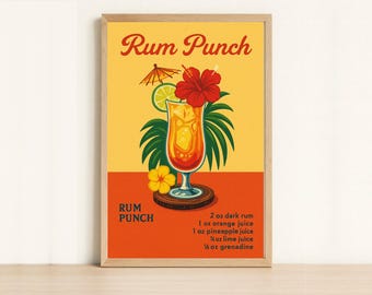 Cocktailposter rum punch - muurkunst retro bar, print tropisch drankje recept