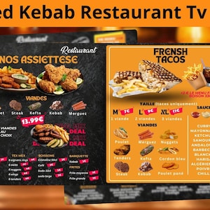 Plantilla de menú de TV animada para kebab, griego y hamburguesa: señalización digital personalizable, pantalla de restaurante kebab, editable en Canva