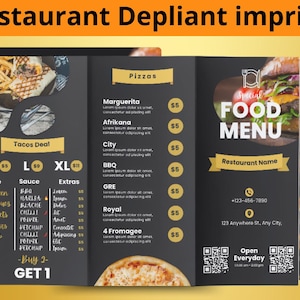 Menu pieghevole stampabile in 3 pieghe per ristoranti: specialità turche, kebab e greche, hamburger e pizze