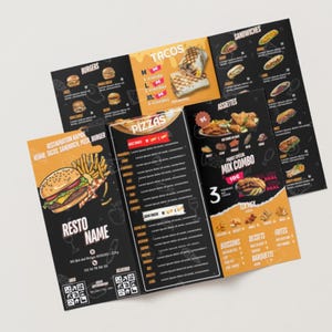 Puede incluir: Un menú de tres pliegues con fondo negro y detalles amarillos. El menú ofrece una variedad de artículos de comida, incluyendo hamburguesas, tacos, pizzas, sándwiches y un combo mixto. El menú también incluye el nombre "RESTO NAME" y un código QR.